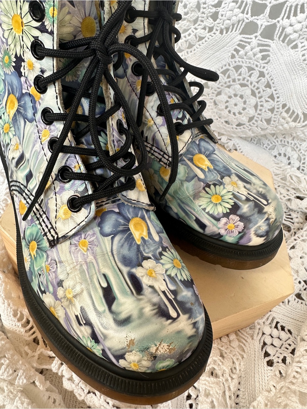 RARE COLLECTIBLE Dr. Martens 1460 Pascal Blue Slime Floral Paint Drip Boots Sz6 - Picture 7 of 16